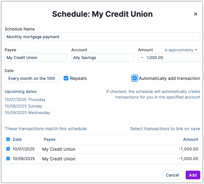 Example of pre-adding a transaction