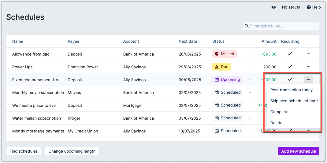 Example of managing a schedule